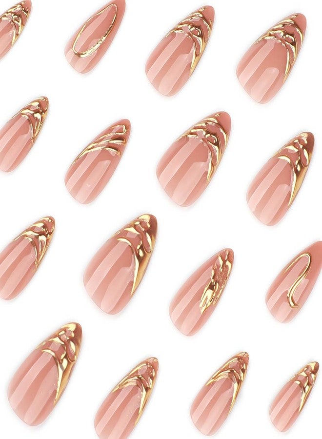 RikView Almond Press on Nails Short Fake Nails Golden & Pink Acrylic Nails with 3D Design Glossy Full Cover Nails for Women 24 PCs/Set - Image 2